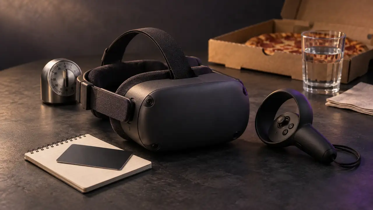 Illustrative image: a VR headset and controller beside a game card, timer and pizza box