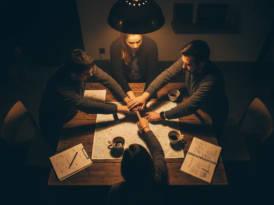 Illustration: four friends planning a move around a table with a map