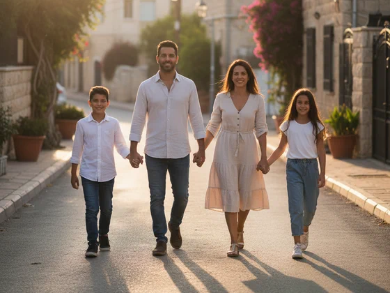 Illustration: parents and two kids walking hand in hand down a sunny street
