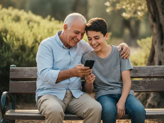Illustration: a grandfather and grandson laughing at a phone on a park bench