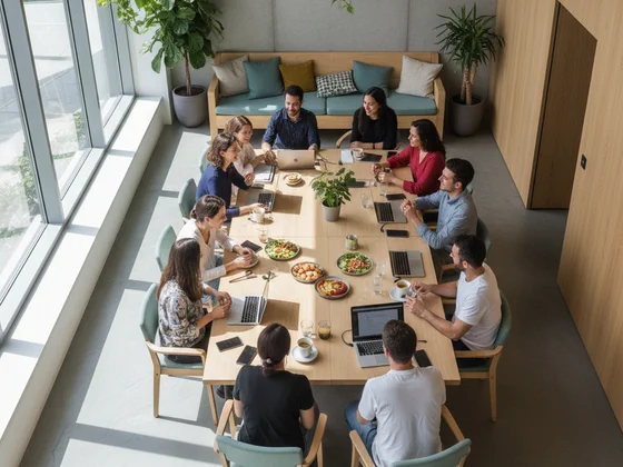 Illustration: a team of colleagues around a shared lunch table in a bright office