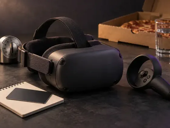 Illustrative image: a VR headset and controller next to a game card, a timer and a pizza box