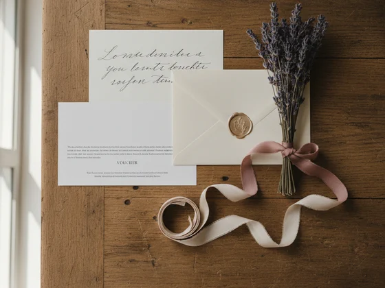 Illustration: a gift voucher in an envelope with a sprig of lavender and a ribbon