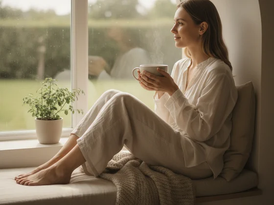 Illustration: a woman resting quietly by a window, holding a cup of tea
