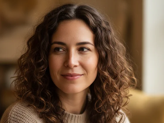 איור: אישה מחייכת ומביטה הצידה, שקועה במחשבה